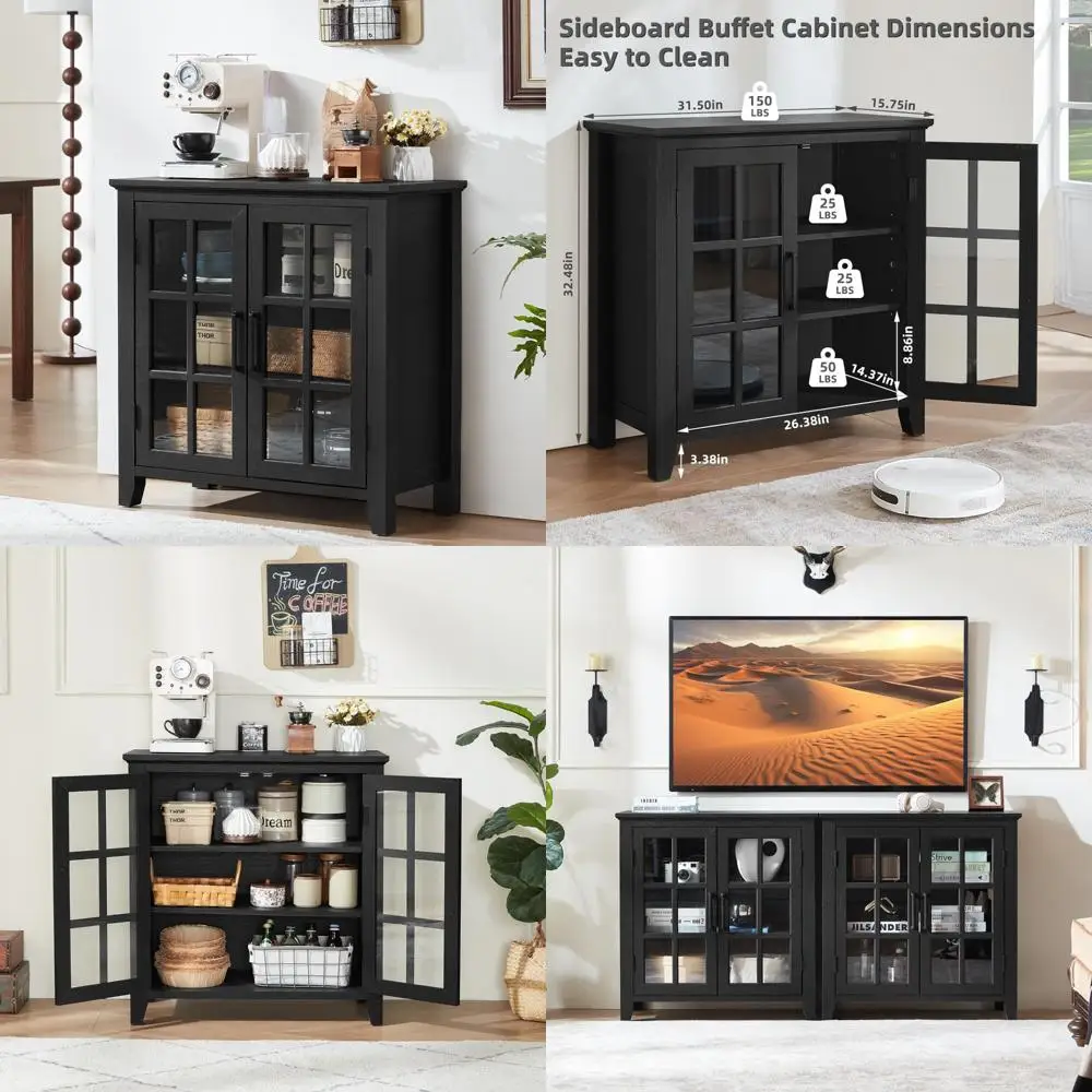 Black Farmhouse Style Large Sideboard Buffet Cabinet with Storage and Glass Doors for Kitchen Coffee Wine Bar