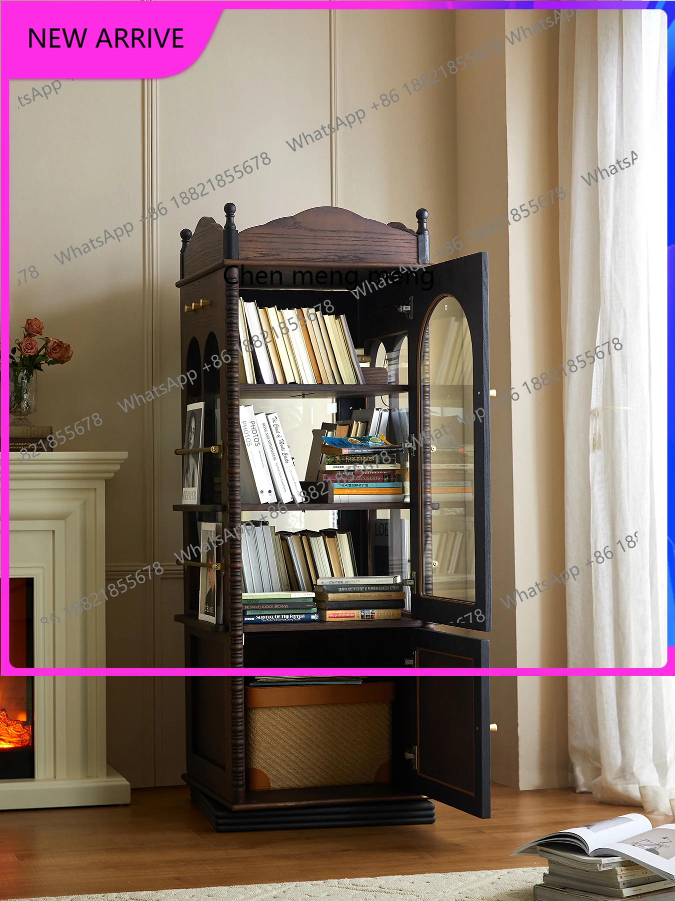 

French solid wood bookcase retro rotating storage cabinet with glass door corner magazine, display cabinet A