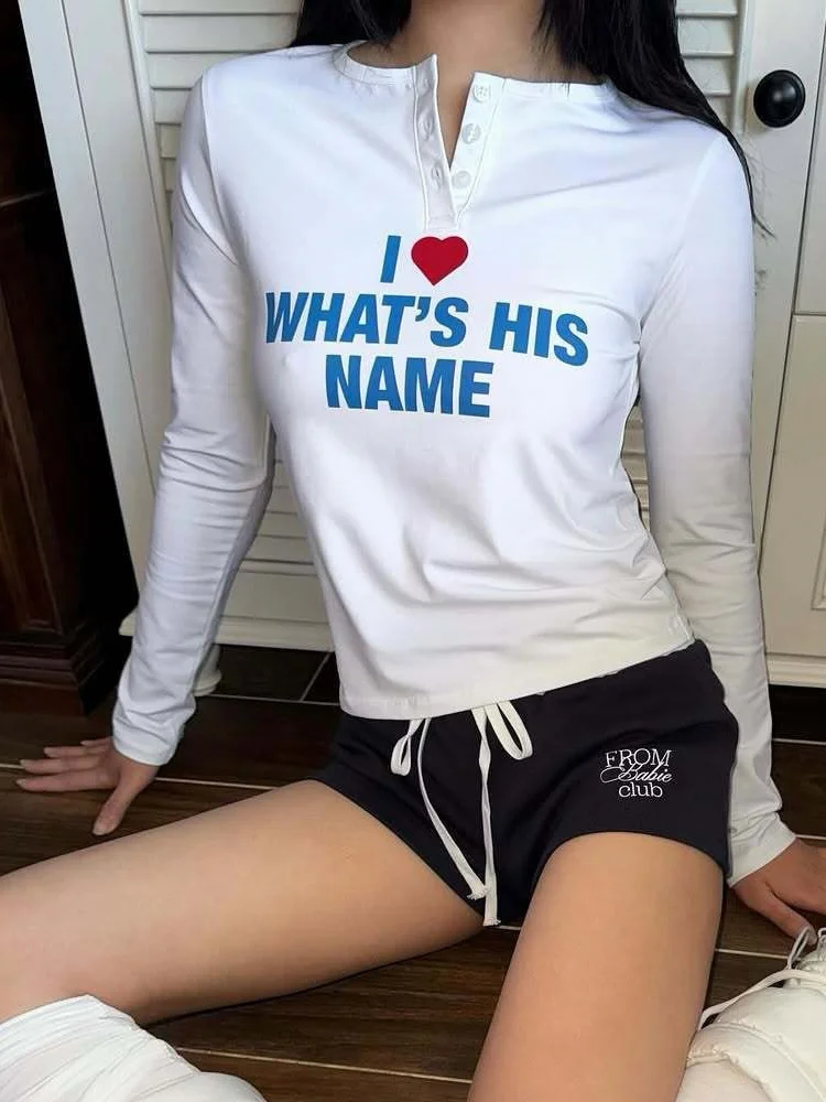 Autumn  Women Long Sleeve Tee Henley Neck Funny Slogan Heart Letter Print Slim Fit American Retro Casual Daily Streetwear