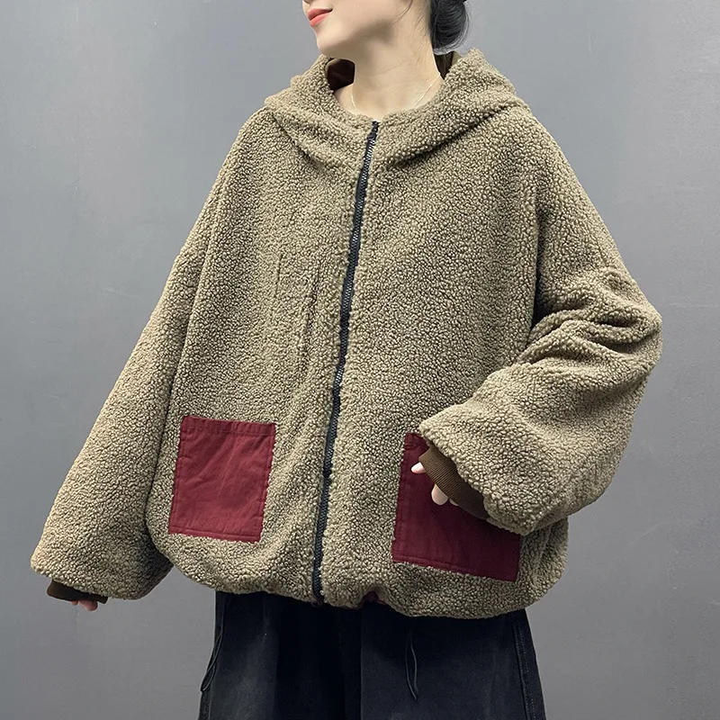 Masss Wasss 2025 Winter Women Fashion Reversible Design Fur Jackets Loose Warm Hooded Padded Coats Classic Casual Vintage Parkas