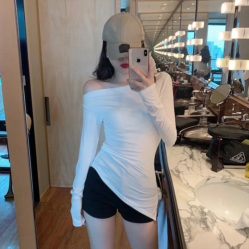 2022 Spring Women Sexy Slash Neck Irregular T shirts Girls Off Shoulder Black White Split Tees Long Sleeve Tops