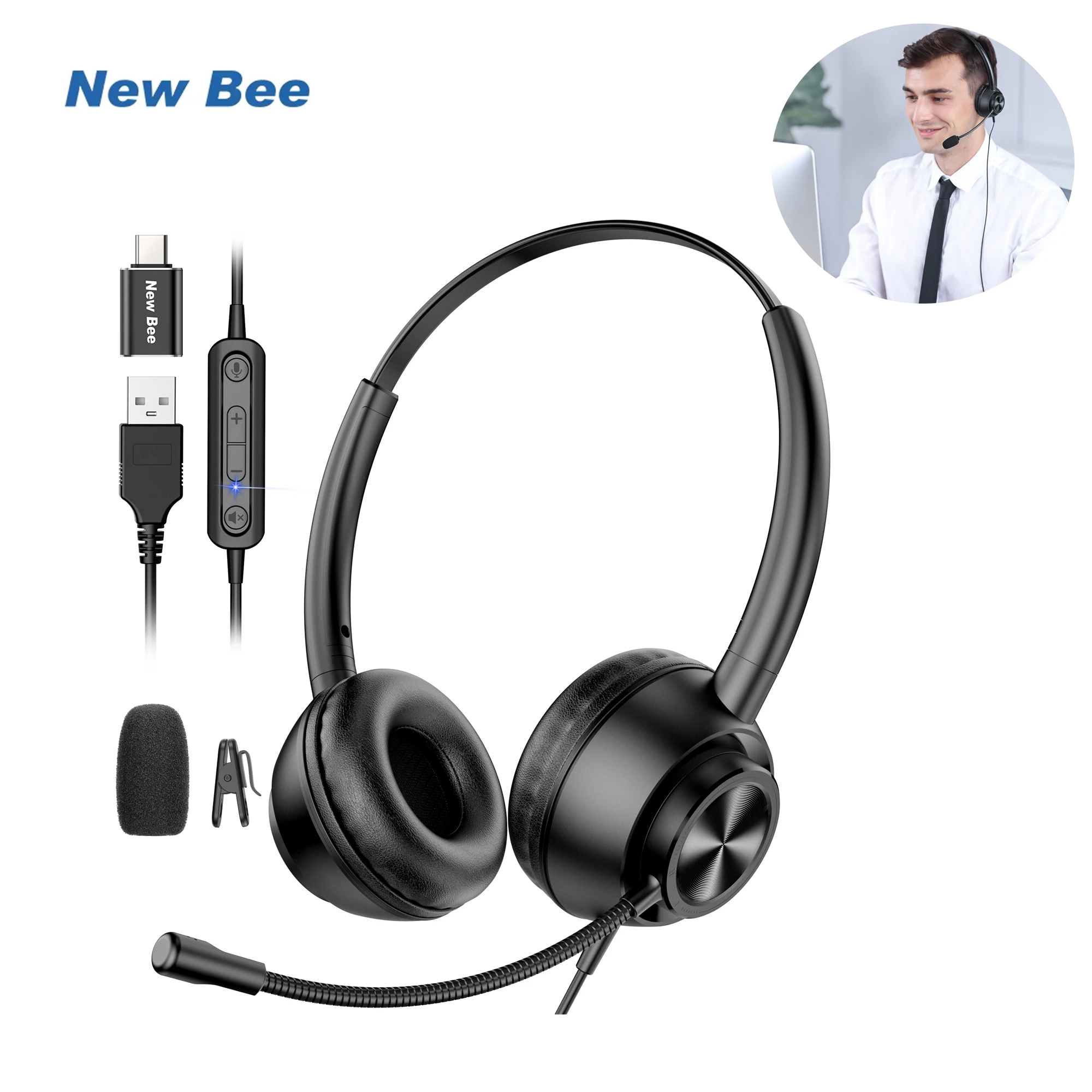 

Новые проводные наушники Bee H368, вращающийся микрофон с адаптером 3,5 мм типа C для колл-центра, офиса, ПК, стерео прозрачная гарнитура