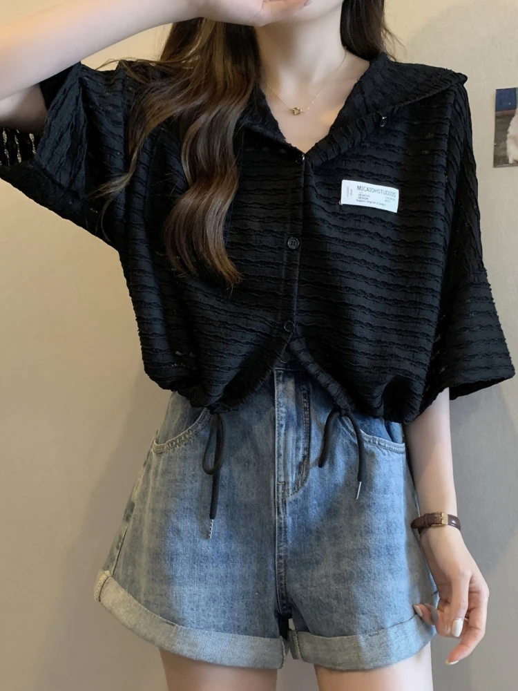 Short Hooded Women's Sun Protection Shirt Slimming Design Large Size Micro Fat MM Drawstring Hollow out Top Korean Style