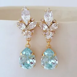 Fashion Blue Water Drop Earrings Teardrop Crystal Dangle with Clear Cubic Zirconia for Women Jewelry