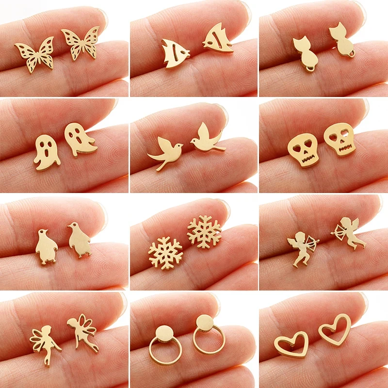 Fashion Stainless Steel Geometric Earrings Golden Small Goldfish Kitten Swallow Fairy Skull Ear Studs for Women Ear Jewelry 2024