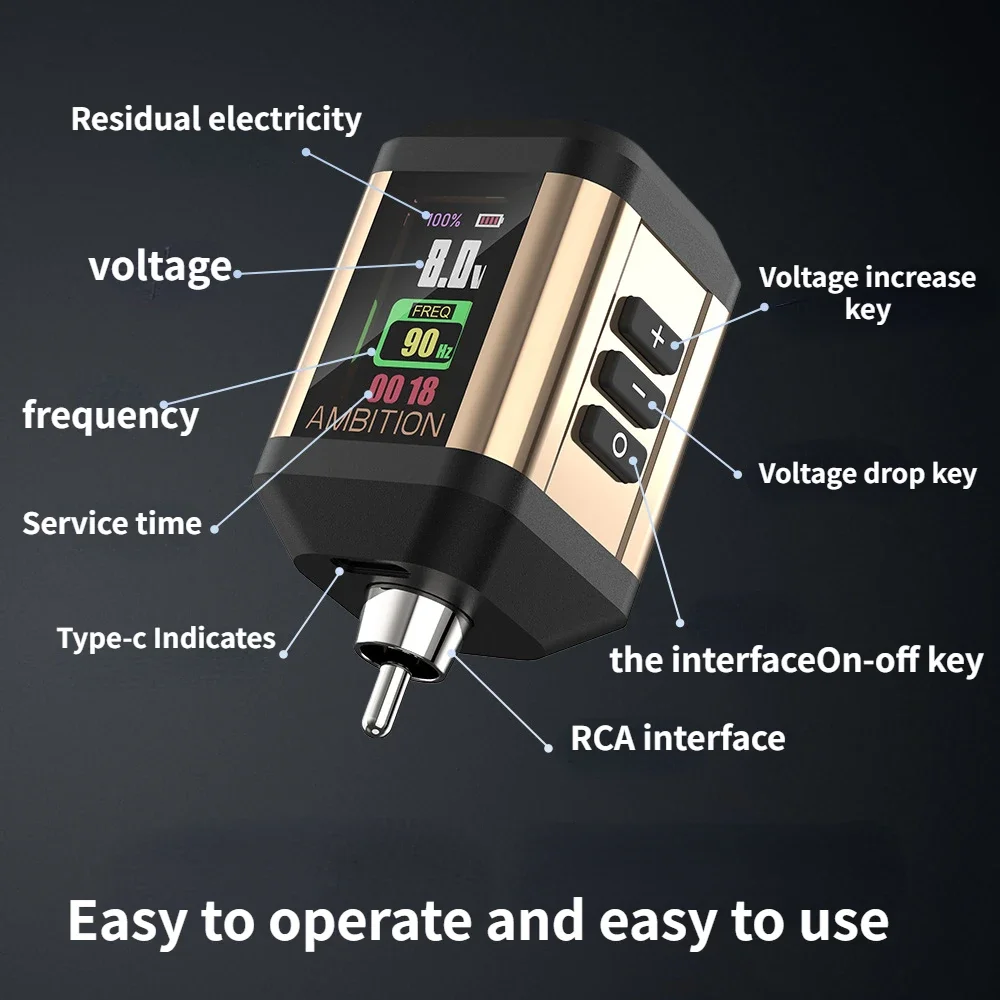 Catu daya baterai tato nirkabel portabel 2200mAh, adaptor mesin tato putar antarmuka RCA/TYPE-C isi daya cepat untuk seniman