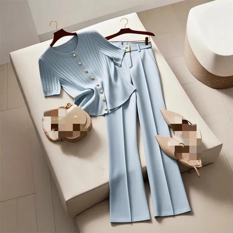 Spring and summer Korean version new fashionable short sleeved T-shirt+micro flared pants two-piece set