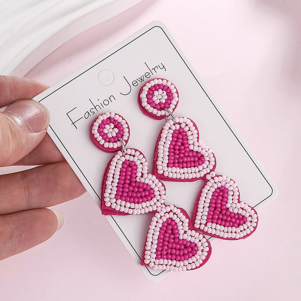 Beaded Heart Dangle Earrings Hand-Woven Romantic Pink Creative Statement Earrings Bohemian for Women Girls Jewelry