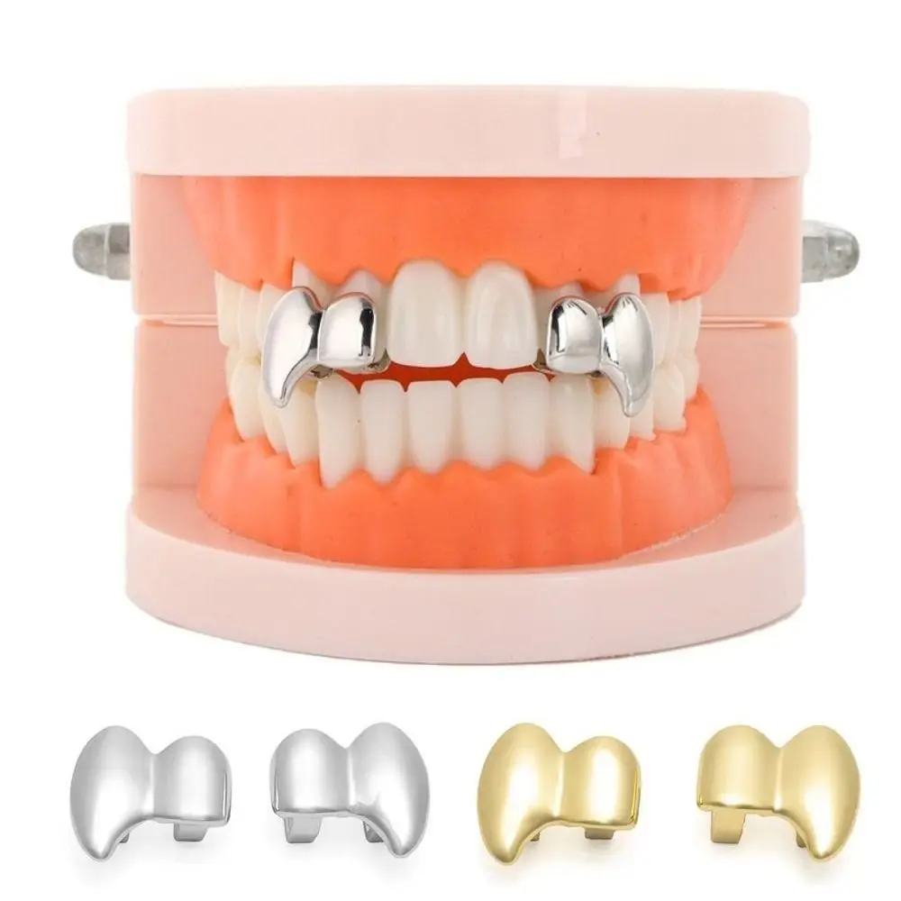 

2Pcs/Set Double Glossy Hip-Hop Tooth Grills Gold Silver Color Punk Jewelry Tooth Caps Charm Halloween Gift Mouth Teeth Grillz