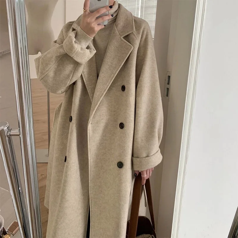 

Autumn and Winter Long Section Tweed Coat Women Korean Fashion Commuter Lapel Loose Oversized Double-breasted Black Jacket