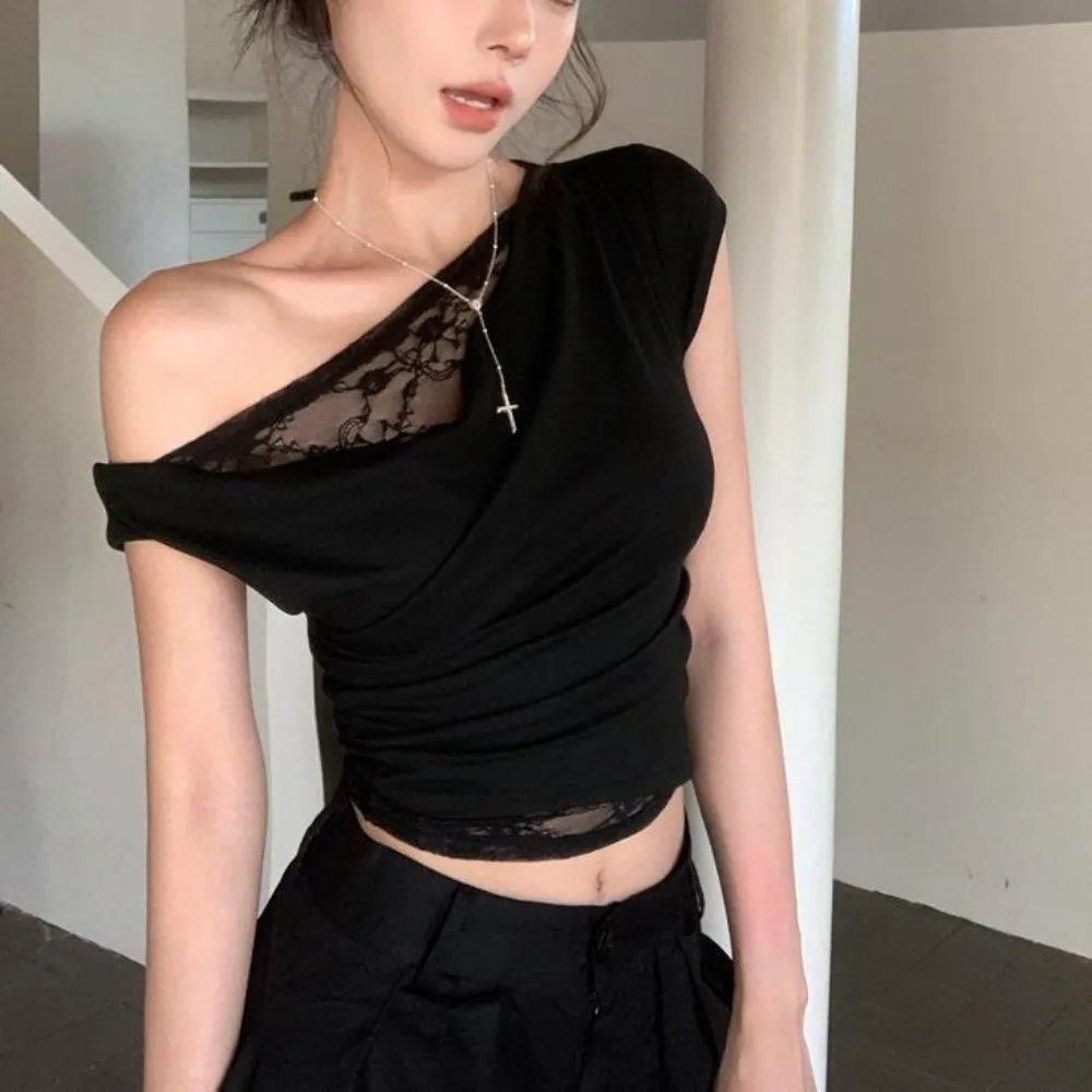 Fashion Princess Sleeve Lace Crop Top Slim Fit Elastic Patchwork T-Shirt Solid Color One Shoulder Top for Women