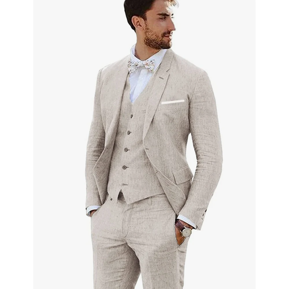 Men's Linen Single Breasted Wedding Suits 3 Pieces (Suit & Vest & Pants) Elegant Men's Gowns Customizable Best Groom Attire