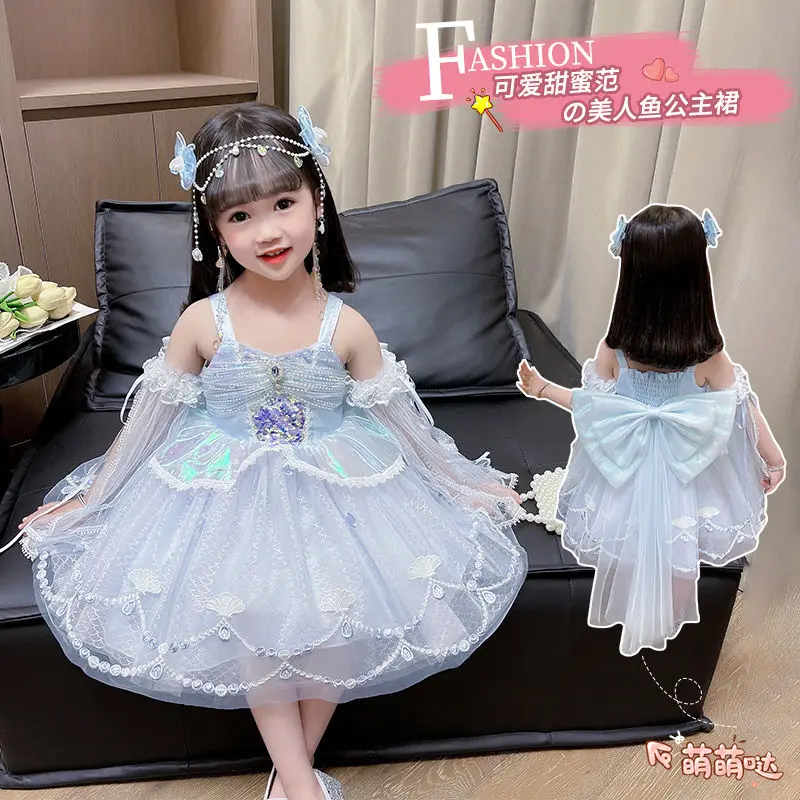 

Summer Backless Lolita Ball Gown Dress Girls Kids Sets Princess Shiny Skirts Birthday Party Childrens Gauze Clothing Sundress