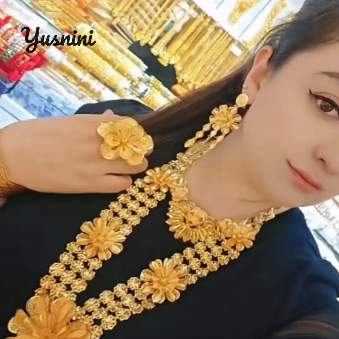 

New Dubai 24K Gold Plated Bridal Wedding Jewelry Five Piece Set Necklace Earrings Bracelet Ring Party Fashion Set YY10928