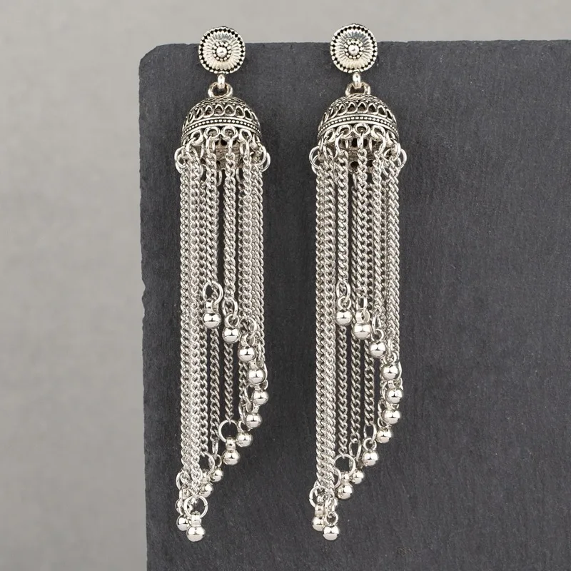 Classic Vintage Silver Color Gypsy Dangle Earrings Ethnic Women\'s Bohemian Bells Tassel Long Earrings Jhumka Indian Jewelry