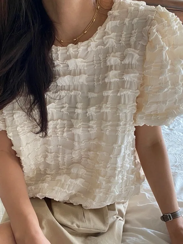 

Chic Loose Casual Bubble Sleeve Shirt Women's French Style Plaid Patterned Three-Dimensional Design All-Match round Neck Shirt