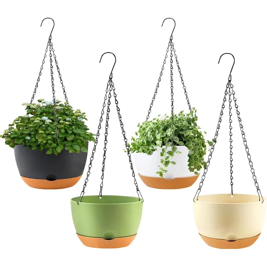 

4 Pack Hanging Planter for Plants Indoor and Outdoor Use 8 Inch Plastic Plant Pot with Drainage Holes and Adjustable Chain Idea