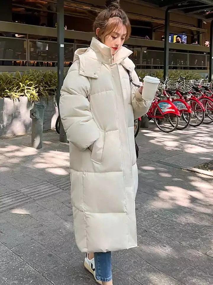 

2025 Korean Winter Jacket Women X-long Parkas Coat Solid Hooded Thicken Warm Female Snow Wear Outwear Fashion Casual Puffer Coat