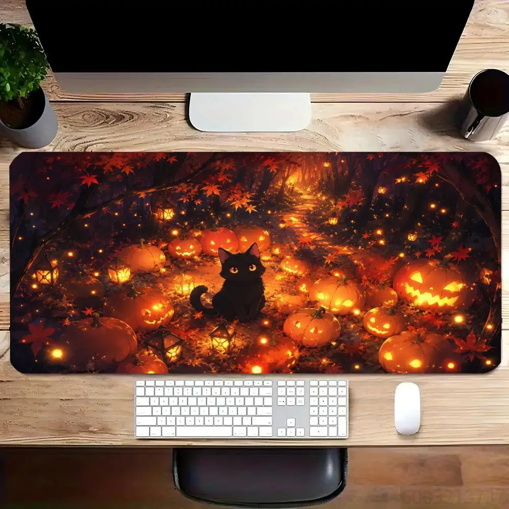 Halloween XXL Mouse Pad – Extended Desk Mat with Glowing Pumpkins, Black Cats & Haunted Forest for PC Laptop Office Gaming