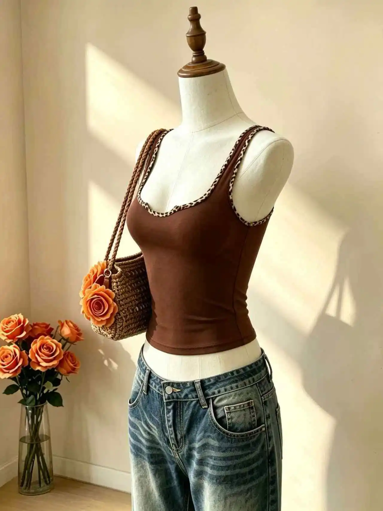 2 Stück Damen Leopardenmuster-Trim U-Ausschnitt Ärmelloses Tanktop Einfarbig Slim Fit Western Y2K Cami-Weste Mehrfarbig Weinrot Schwarz – Detail 7