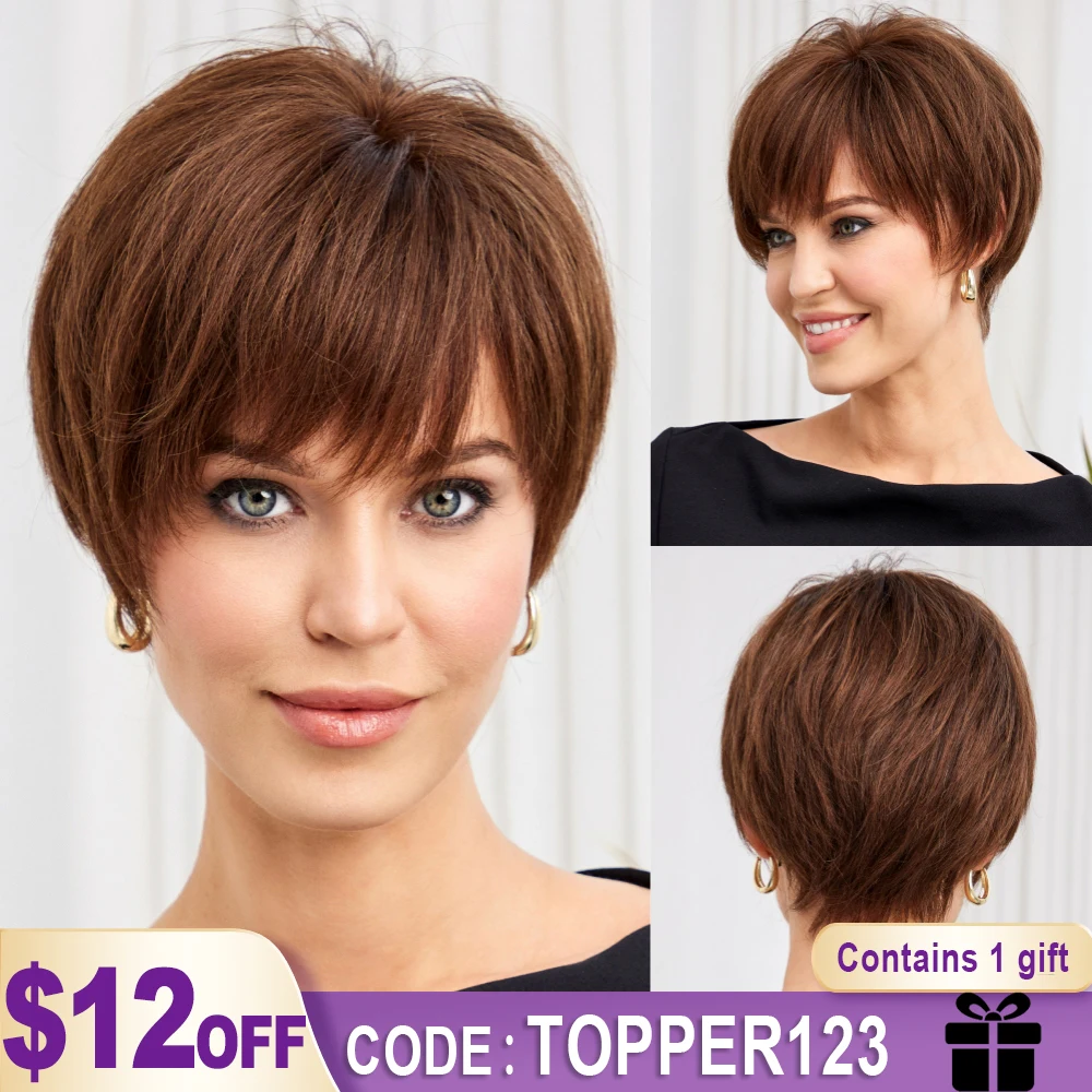 Short Pixie Cut Human Hair Wig Brown Bob HD Lace Frontal Remy Human Hair Wigs with Bangs Natural Straight Layered Wig for Women