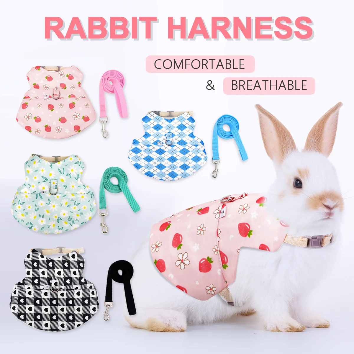 A set of cute print series fashion rabbit sets, rabbit leash for walking outside, anti-lost rabbit leash