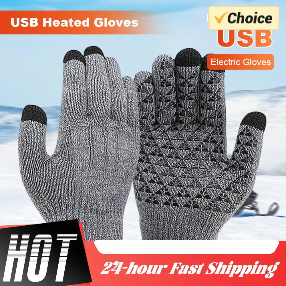Guantes de punto con calefacción USB para invierno, guantes térmicos a prueba de viento con pantalla táctil para montar, senderismo, guantes cálidos para ciclismo con dedos completos