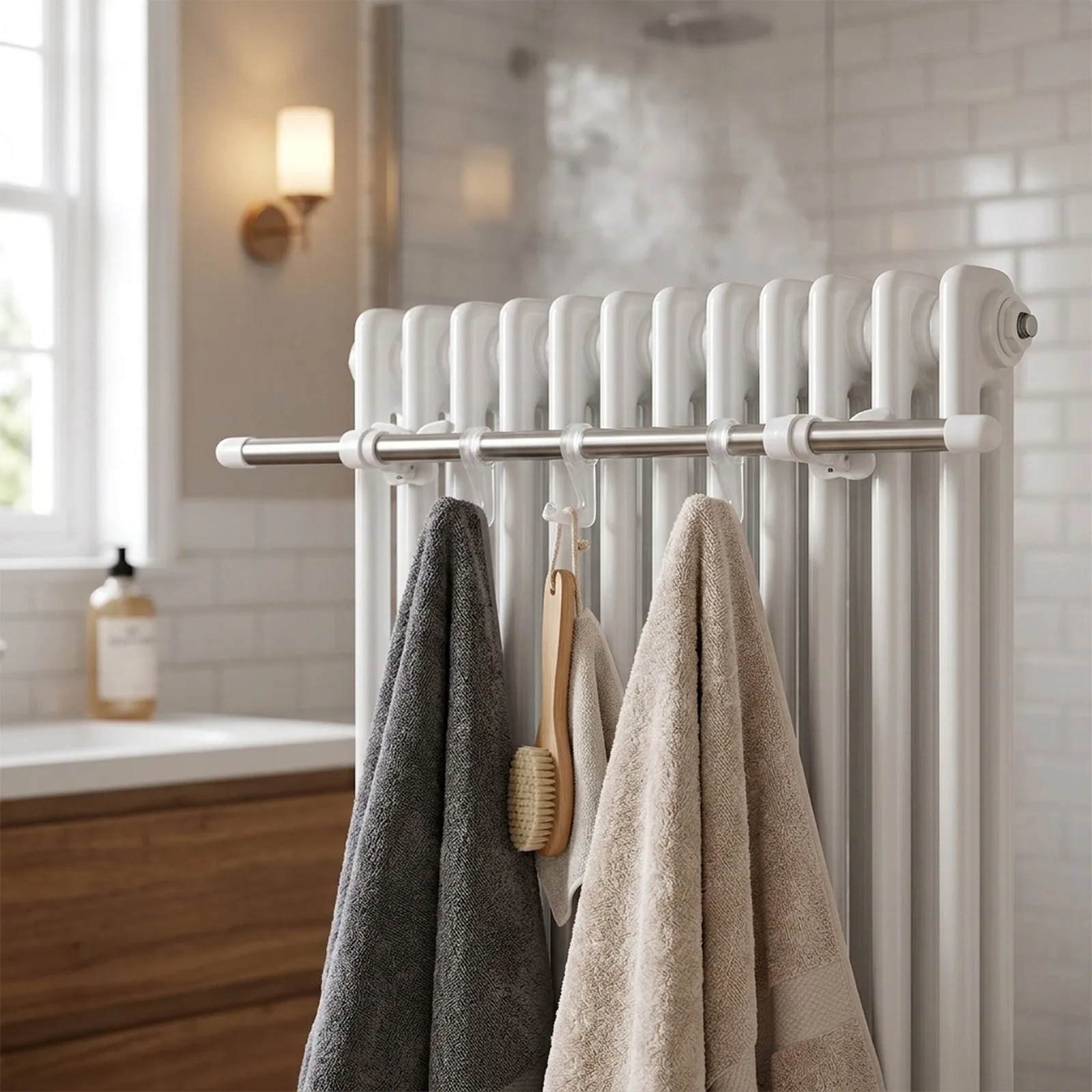 For Radiator Mounted Towel Rail with 3 Hooks for Functional Drying Solutions in Compact Residential Environments