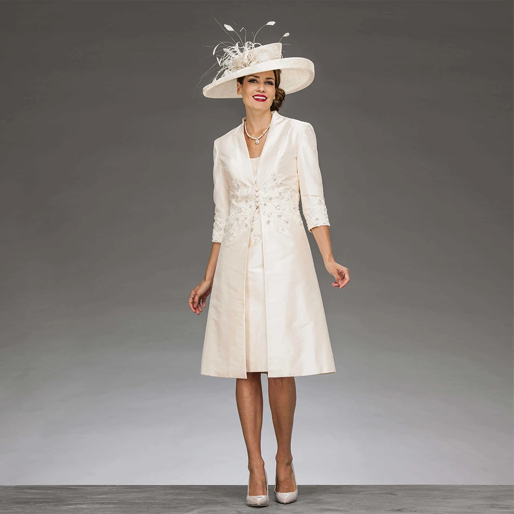 

2Pcs Elegant Wedding Guest Dresses Women Beaded Mother of Bride Dress with Coat Lace Sleeve Knee Length Cocktail Party Gown Midi