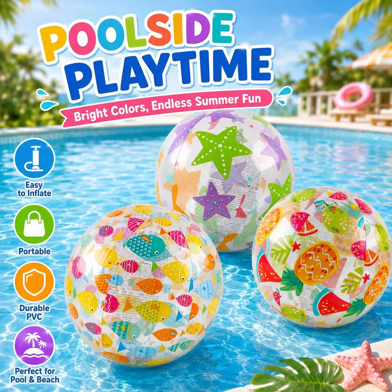 1PC Inflatable Beach Ball PVC Swimming Pool Toy Transparent Summer Beach Ball with Tropical Ocean Print