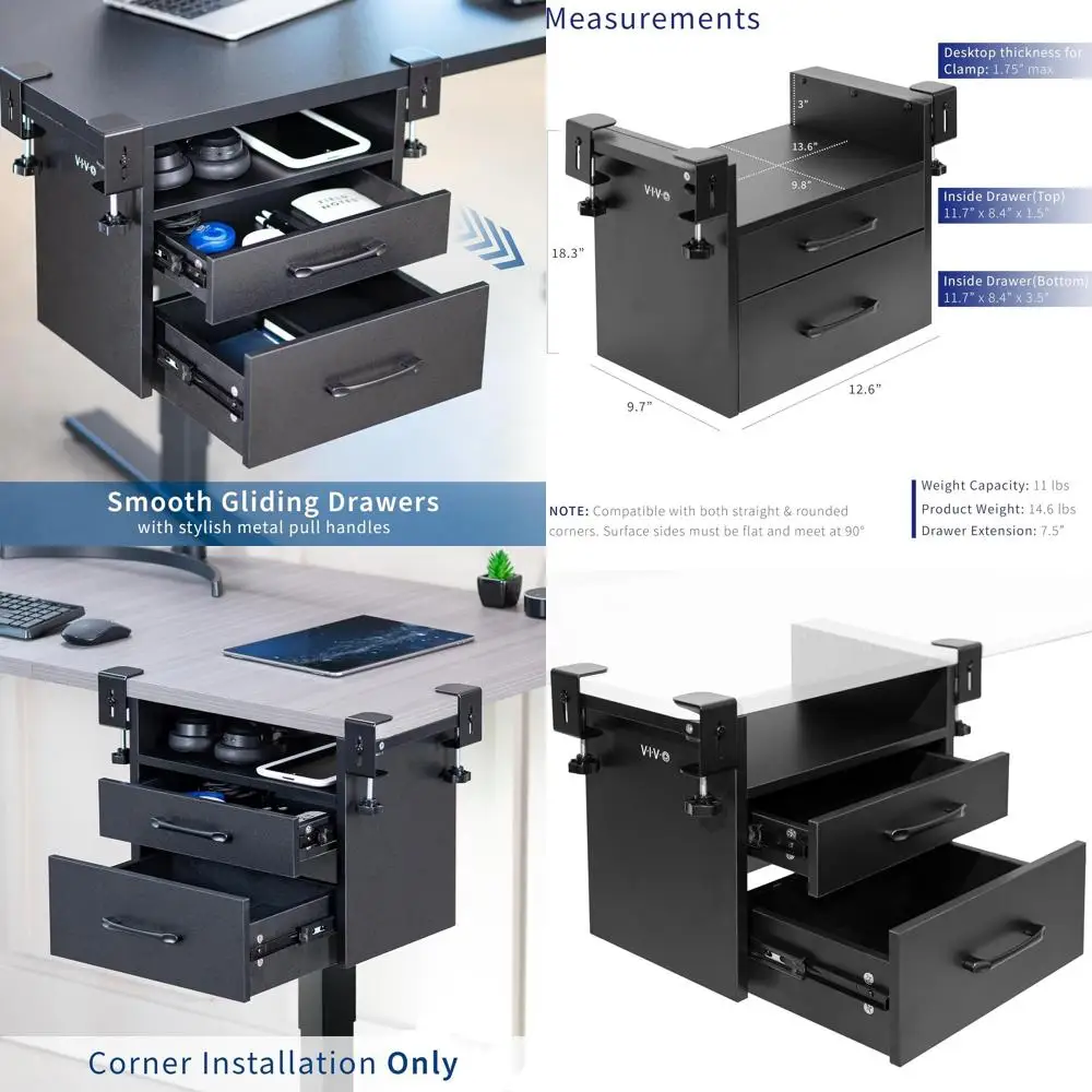 

Desk Corner Organizer with Drawers and Shelves, Black, for Office and Gaming Supplies Storage