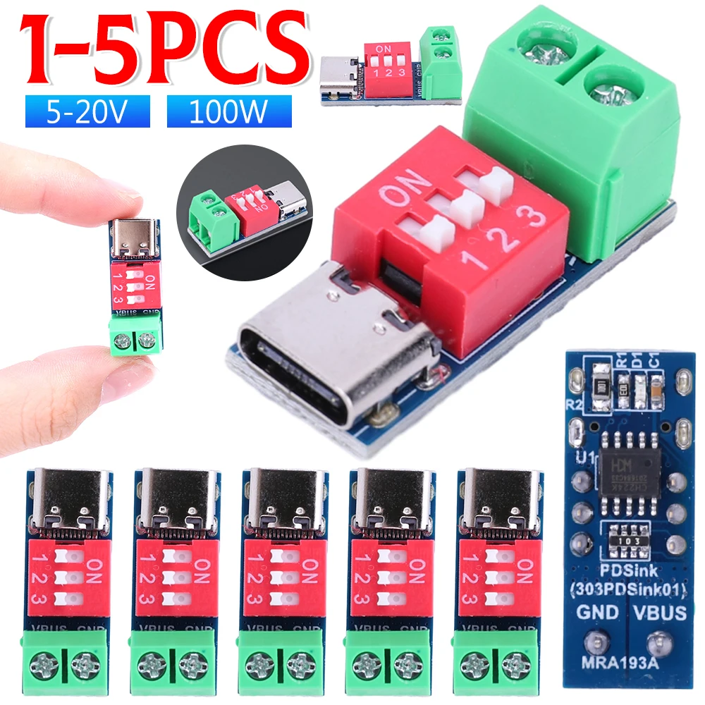 1-5PCS PD Schnelle Lade Test Board 5-20V Einstellbare PD Trigger Board Modul USB Typ-C 100W Spannung Anschluss Netzteil Zugang
