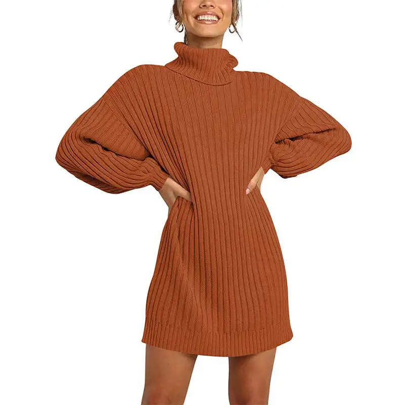 

Women's Turtleneck Long Lantern Sleeve Loose Sweater Dress Mini Dress Autumn Winter Warm Knitted Sweater Dresses Women Elastic