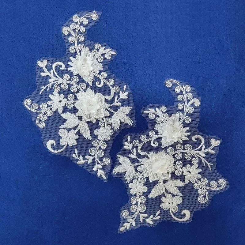 1 Paar/21 x 14 cm 3D-Blumen-Applikationen zum Aufnähen, weiße Spitze, Stickerei, Nähflicken, DIY-Dekoration für Kleidung, Kleider