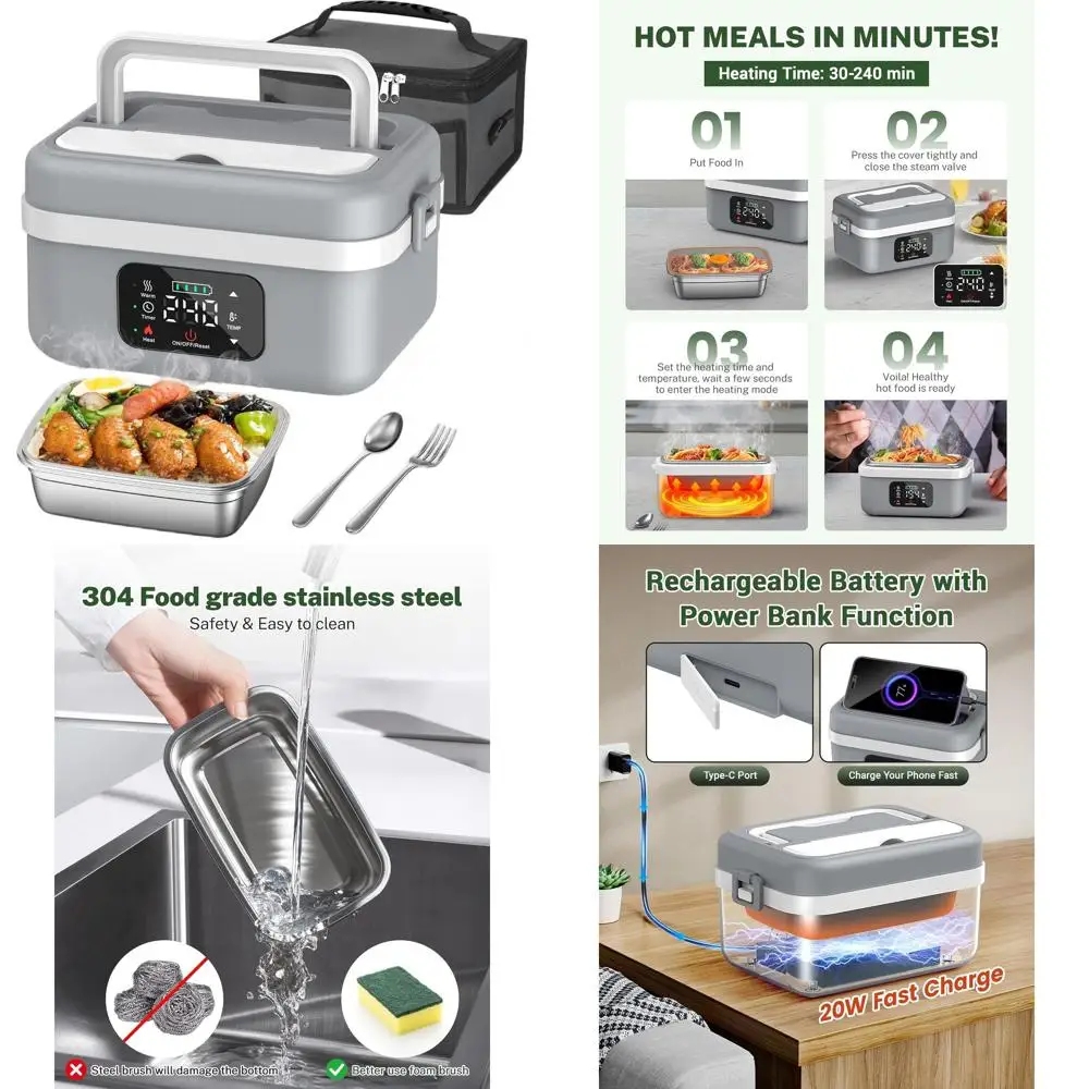 

Беспроводной электрический ланч-бокс для взрослых, перезаряжаемый, 16000 мАч, самонагревающийся, 34 унции/1 л, таймер и регулируемый нагрев, изолированная сумка Inclu