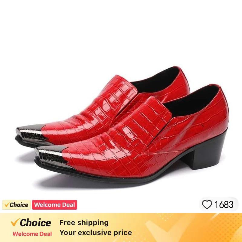 

Red Wedding Shoes Patent Leather crocodile grain Men's Shoes Metal Toe Slip On Casual Business Shoes Elegant Male Dress Shoe