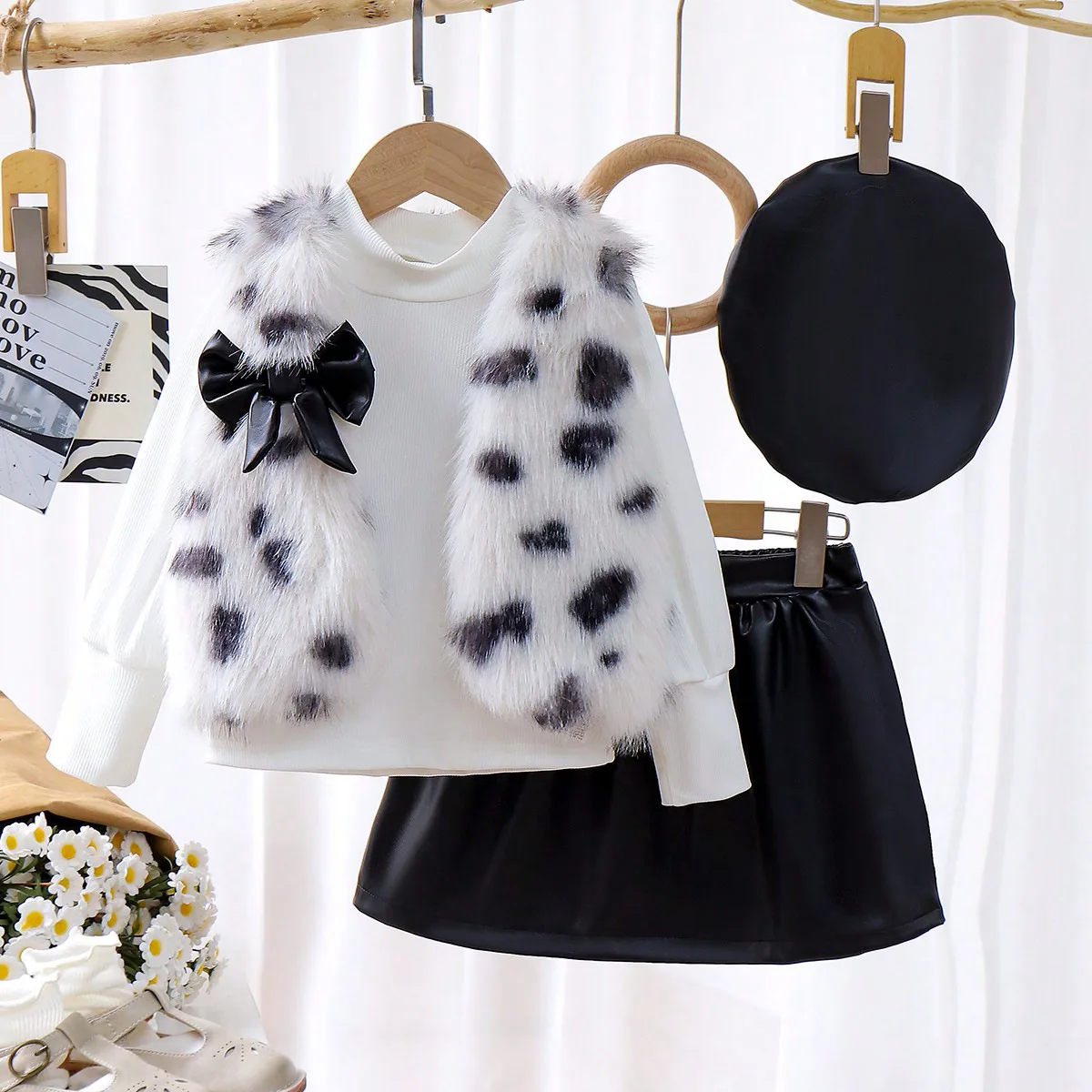 

Girls Clothes Sets Winter Kids Baby Girls Thicken Warm Fur Vest Suit Knitted Sweater PU Skirt Clothes Children Girl Outfits Suit