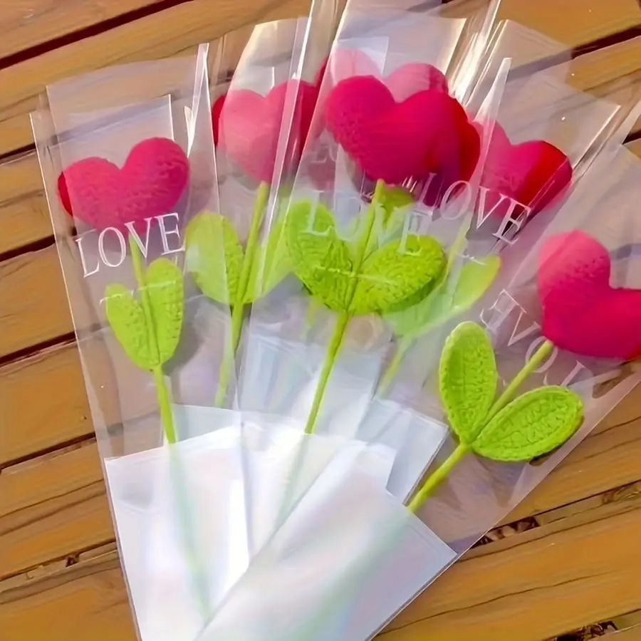 1/5/10/20/50/100pcs Handmade Crochet Heart-Shaped Bouquet/Yarn Handmade Heart-Shaped Flowers with Green Roots/Perfect for Valent