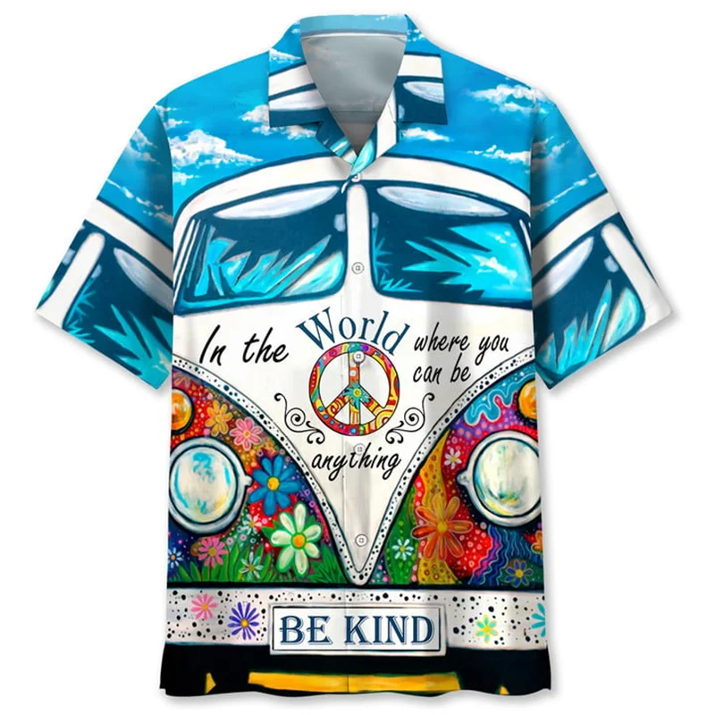 Vintage Colorful Peace Pattern Hawaiian Shirt For Men 3D Printed Floral Short Sleeves Lapel Shirts Summer Street Button Blouses