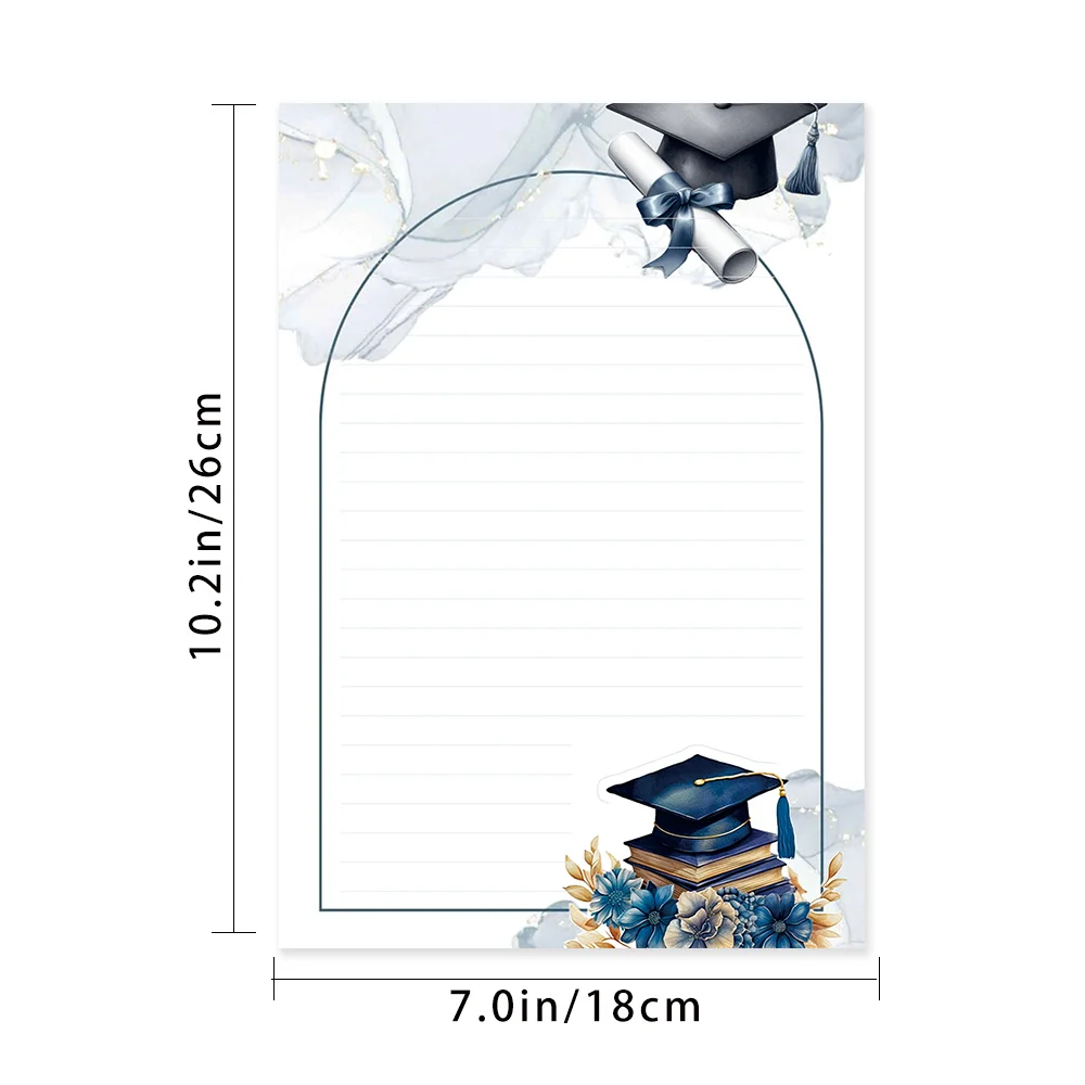 30 Sheets, B5 Blue Floral Graduation Cap Themed Writing Paper, Lined, No Glue, Perfect For Notebooks, Memos, And Stickers