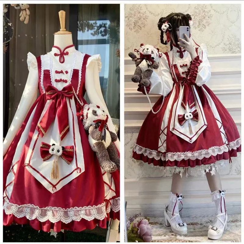 Saia Lolita estilo chinês com manga comprida Panda, vestido Lolita vermelho op, novo