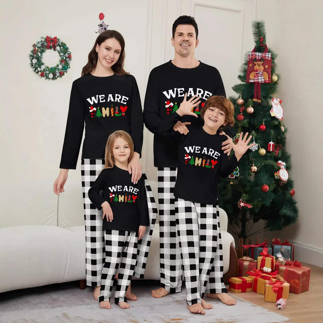 

2025 Christmas family wear set for Autumn and winter, featuring long sleeves and long pants with lettered black and white checks