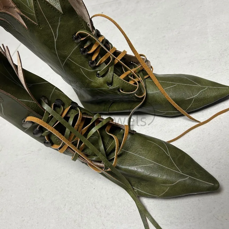 

Women New Halloween Elf Witch Cosplay Retro Shoes Faux Leather Party Green Tree Spirit Leaf Boots Gifts for Her