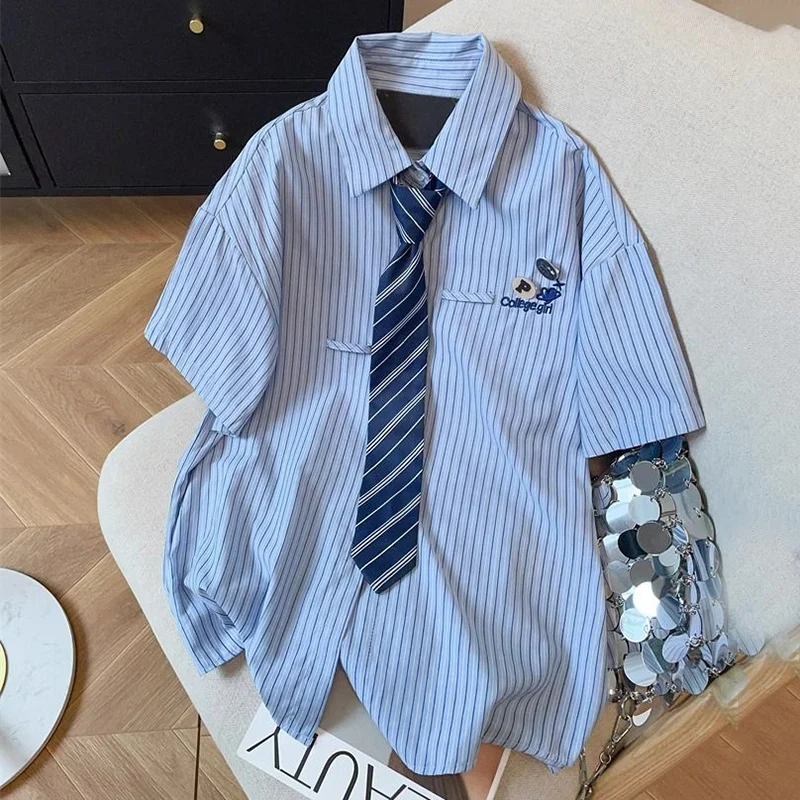2025 Preppy Style Blue Striped Shirts Women Summer Short Sleeve Loose Blouse Woman Streetwear Letter Embroidery Shirts Female - Image 6