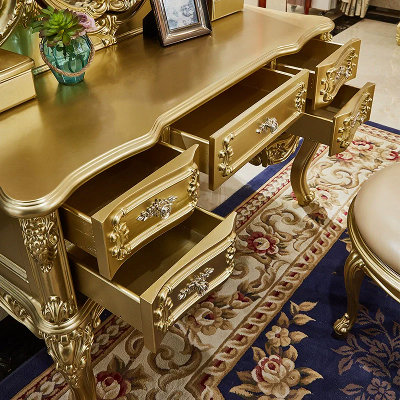 Solid Wood Furniture European Solid Wood Carved Dressing Table Gold Makeup Vanity Table Set For Home Hotel Furniture