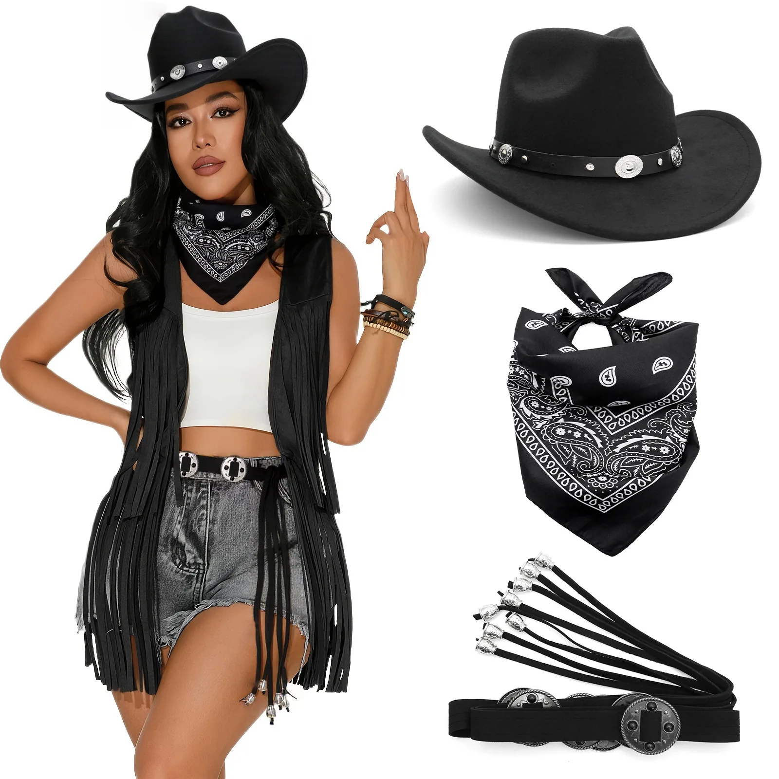 Women Western Cowboy Costume Set Vest Wide Brim Cowgirl Hat Red Paisley Bandana Fringe Waist Belt Halloween Carnival Outfit