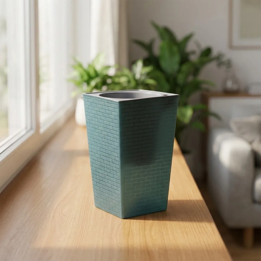 Indoor Plant Reservoir Brick Pattern Pot White Built-in Water Reservoir Matte Finish Texture Plastic Construction