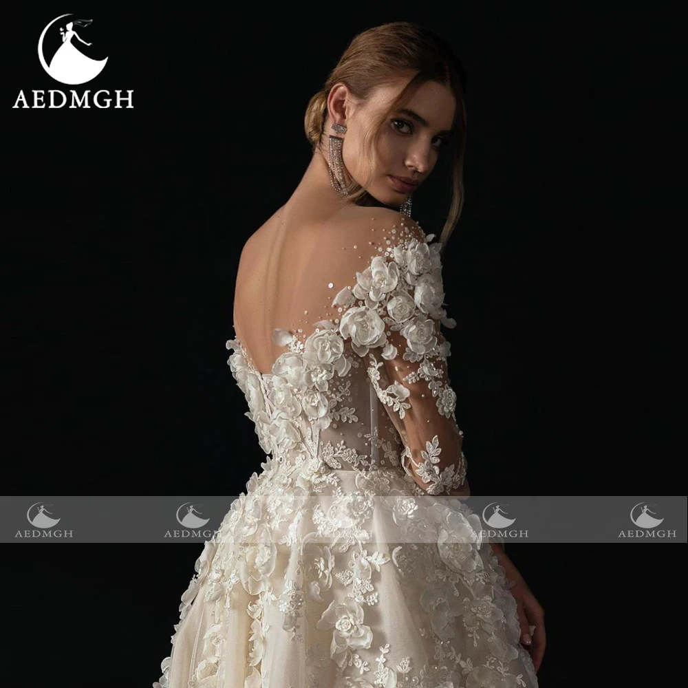 Aedmgh-Robes de mariée élégantes A-Line, col bateau, manches longues, appliques en dentelle, fleurs, chic, robe de patients sur mesure