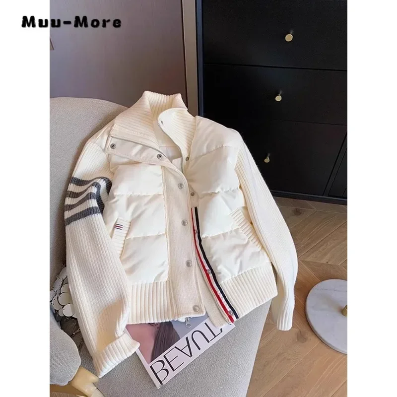 Women Casual England Style Long Sleeve Patchwork Parkas 2024 Winter Oversized Warm Outerwear Jacket Striped Single Breasted Coat