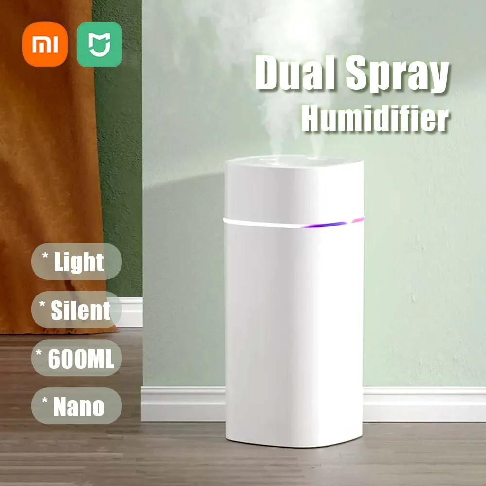 샤오미 듀얼 스프레이 가습기, 듀얼 스피드, 7 색 라이트, 나노 미세 미스트, USB 플러그, 600ml 가습기, 자동차 홈 오피스 데스크탑용 